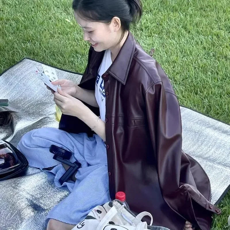 🍒Shirt style jackets faux leather womens oversized outerwear solid single breasted spring/autumn stylish vintage turn-down collar windbreak casual coats chic female clothing     Luvly Lazy-Like Leather Look