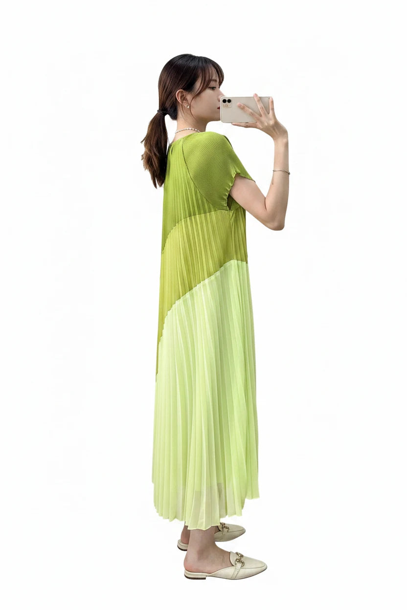 🍒Mid length dresses for women casual outfit short sleeve smart three-residence series round neck clothes fashion pleated loose waist summer wear Angle To A Diagonal