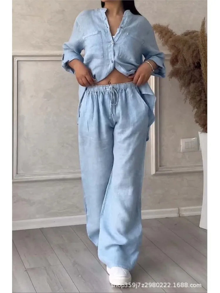 🍒two piece sets casual long sleeve womens shirt with pockets and fashion loose wide leg pants outfit smart casual clothes         Ba-sick