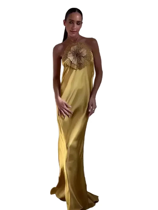 🍒Party dress for women gold outfit for ladies with 3D flower Halter sleeveless backles maxi satin occasion wear evening wear for holiday italian made feminine dresses for summer chic fashion Fem Fleur Fashion
