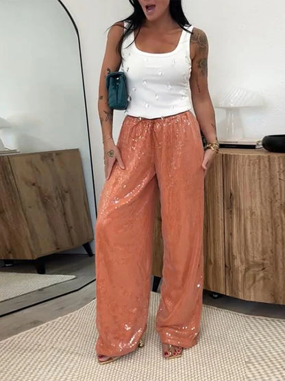 🍒Sequined pants for women high waist tie up ankle-length loose trousers spring summer Fashion smart casual clothing female Y2k style Sequ-Win