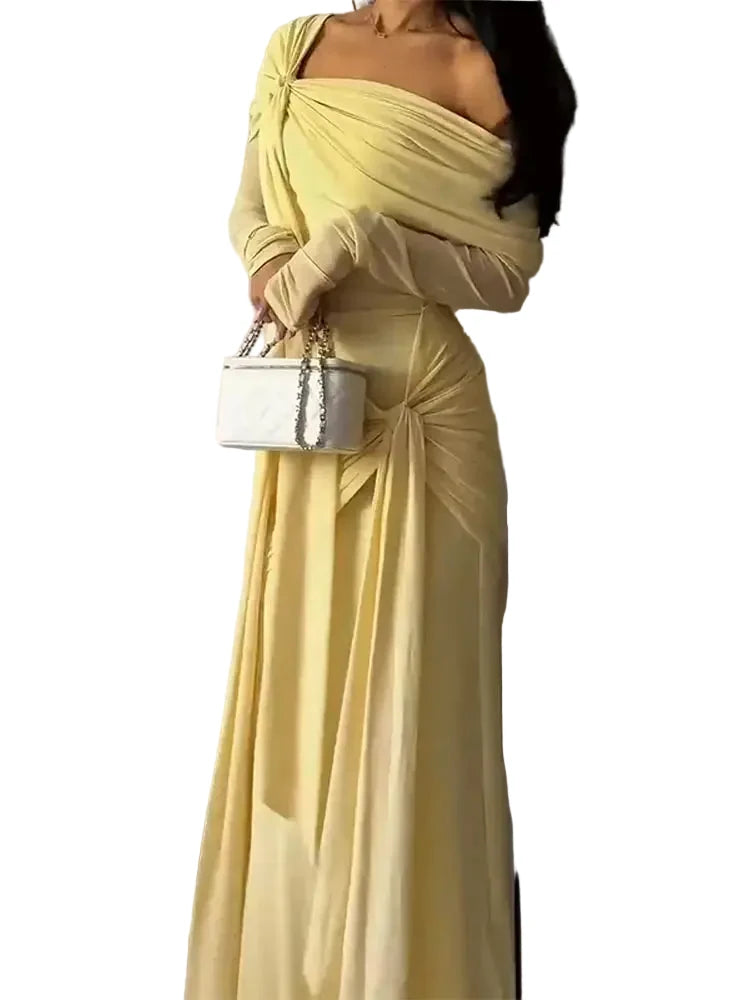 🍒Solid pleated off shoulder maxi dress elegant summer clothes women long sleeve party dress chic occasion wear Get Sun Drenched