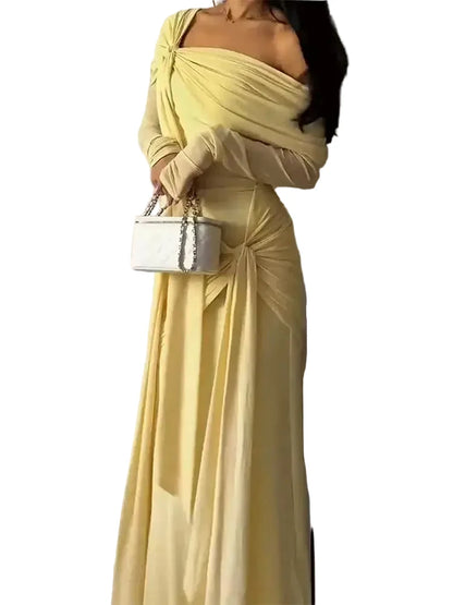 🍒Solid pleated off shoulder maxi dress elegant summer clothes women long sleeve party dress chic occasion wear Get Sun Drenched