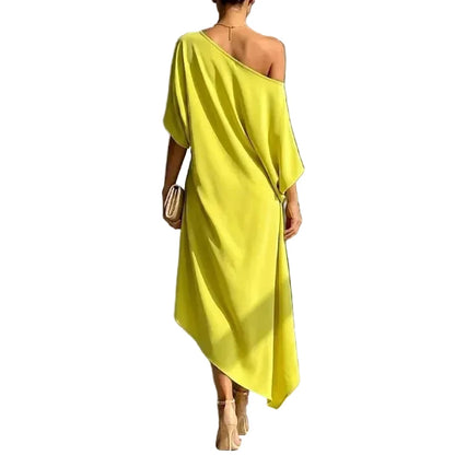 🍒Cold shoulder midi dress loose solid draped knot waist Irregular hem outfit for occasion holiday evening wear women elegant guest wear Pretty Perfect Pinched
