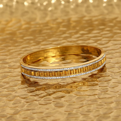 🍒Irregular geometric wave stainless steel bracelet with rhinestones exquisite gold colour cuff bangle smart casual Jewellery accessories Gifts Glitz Up Your Hand With A Band