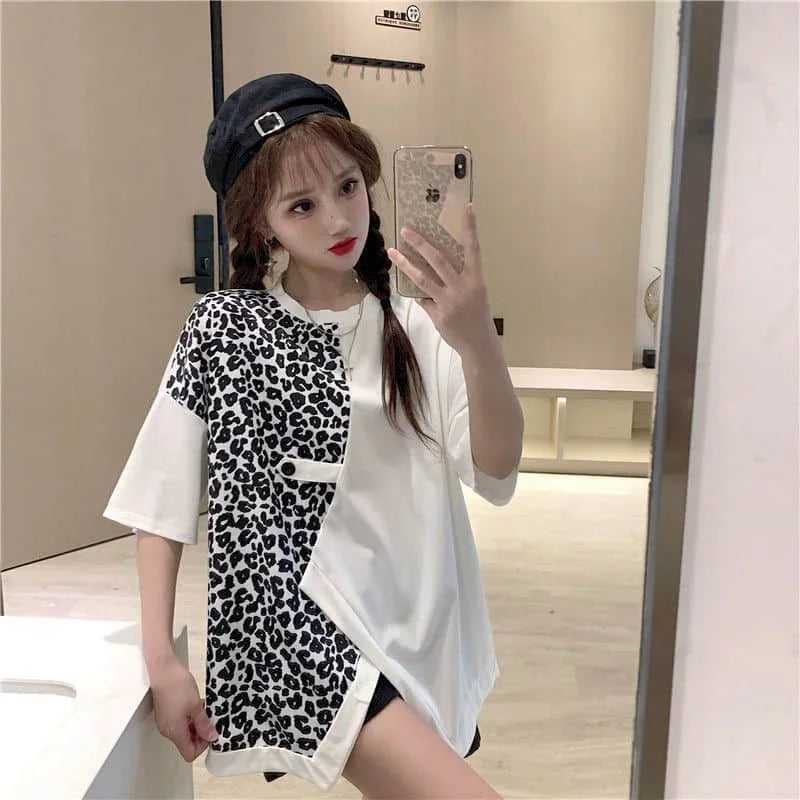 🍒Leopard patchwork t-shirt for women short-sleeved top loose  top shirt female fashion clothing  women casual clothes Print Animal Style