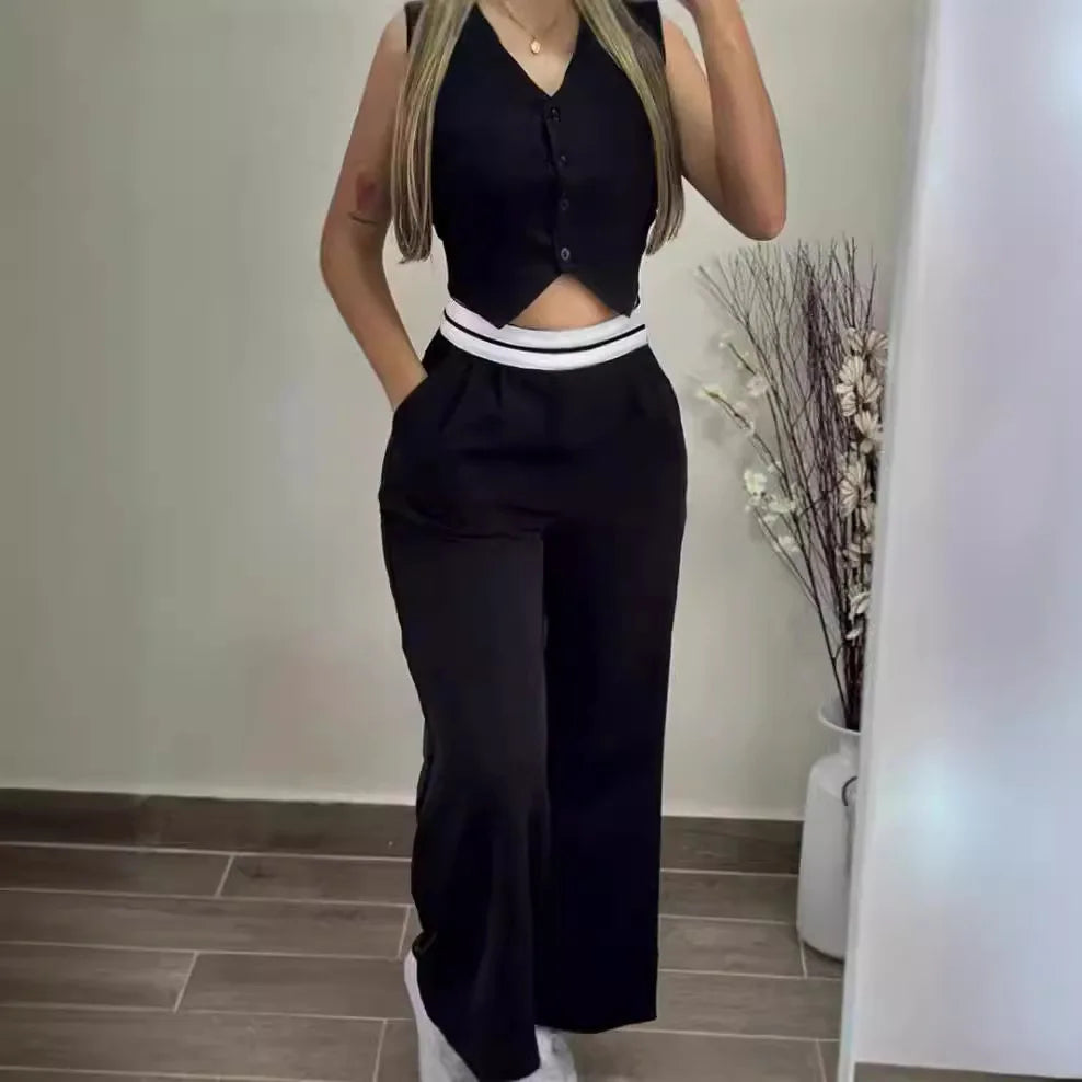 🍒Elegant two piece sets for women summer fashion wear buttoned vest top and high waist wide leg pants with pockets straight leg trouser set Run Over This Double Line No Penalty