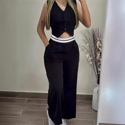 🍒Elegant two piece sets for women summer fashion wear buttoned vest top and high waist wide leg pants with pockets straight leg trouser set Run Over This Double Line No Penalty