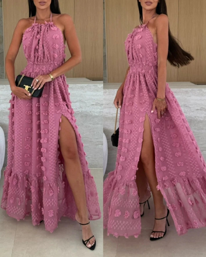 🍒3d floral backless dress split or slit decoration dress summer women party occasion wear solid colour outfit high waist sleeveless evening wear Pink Champagne Or Rum With Black