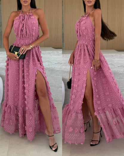 🍒3d floral backless dress split or slit decoration dress summer women party occasion wear solid colour outfit high waist sleeveless evening wear Pink Champagne Or Rum With Black