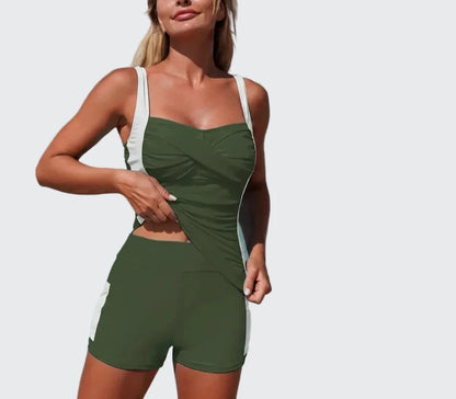 🍒Women's two piece swimsuits with pocket colour  block sporty tankini bathing suit waist ruched swimming suit summer beachwear Top Up Your Tan In A Tankini