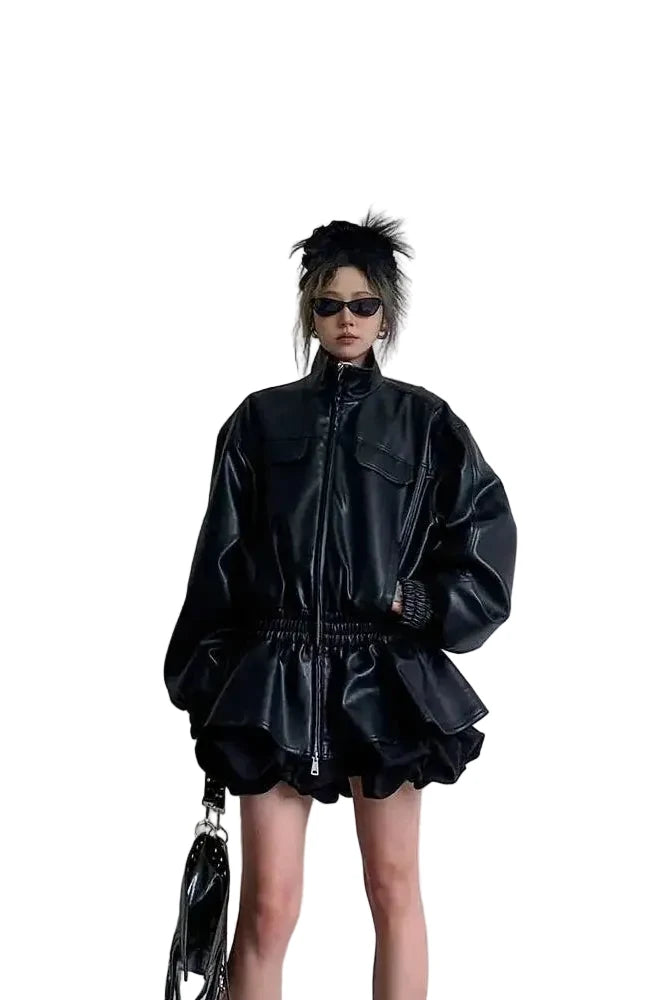🍒Black pu leather jacket elastic waist ruffle hem coat with elasticated waist for women long sleeve loose fit fashion autumn spring female smart casual outerwear EXPAND Your look with This ELASTICATED waist