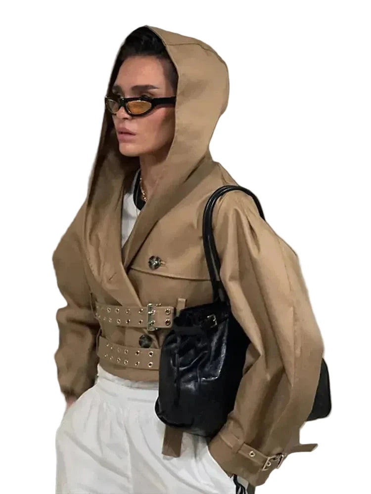 🍒Hooded trench coat women casual puff sleeve outerwear. double breasted belted cropped Jacket khaki fashion clothing                               2.long trench version  Travel Along Cool Double Belt