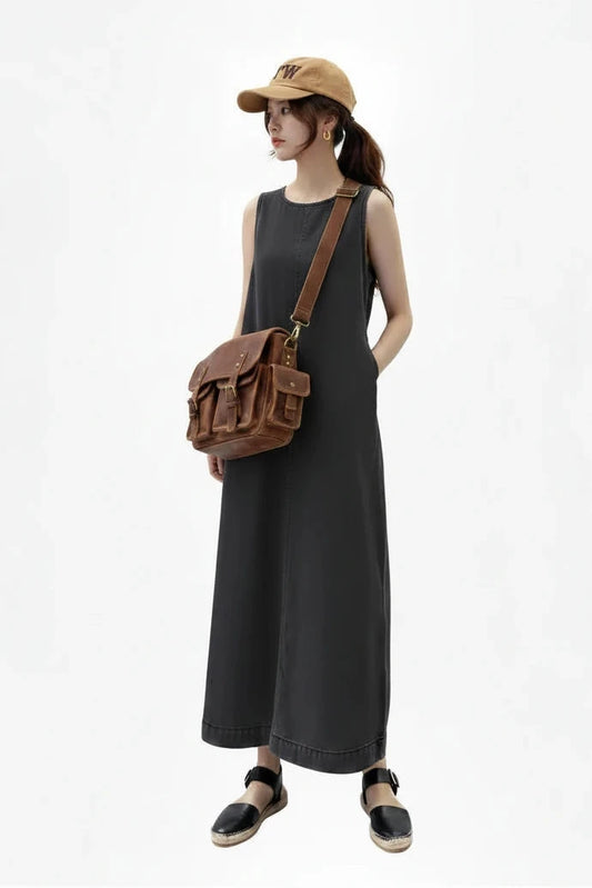 🍒Sleeveless denim long dress for women fashion round neck denim maxi dress outfit a-line with pockets casual wear loose summer clothing