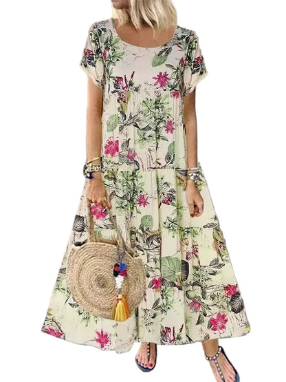 🍒Women's round neck short sleeve dress loose waist linen A-Linen out fit maxi length casual summer wear floral fashion Flattering Floral