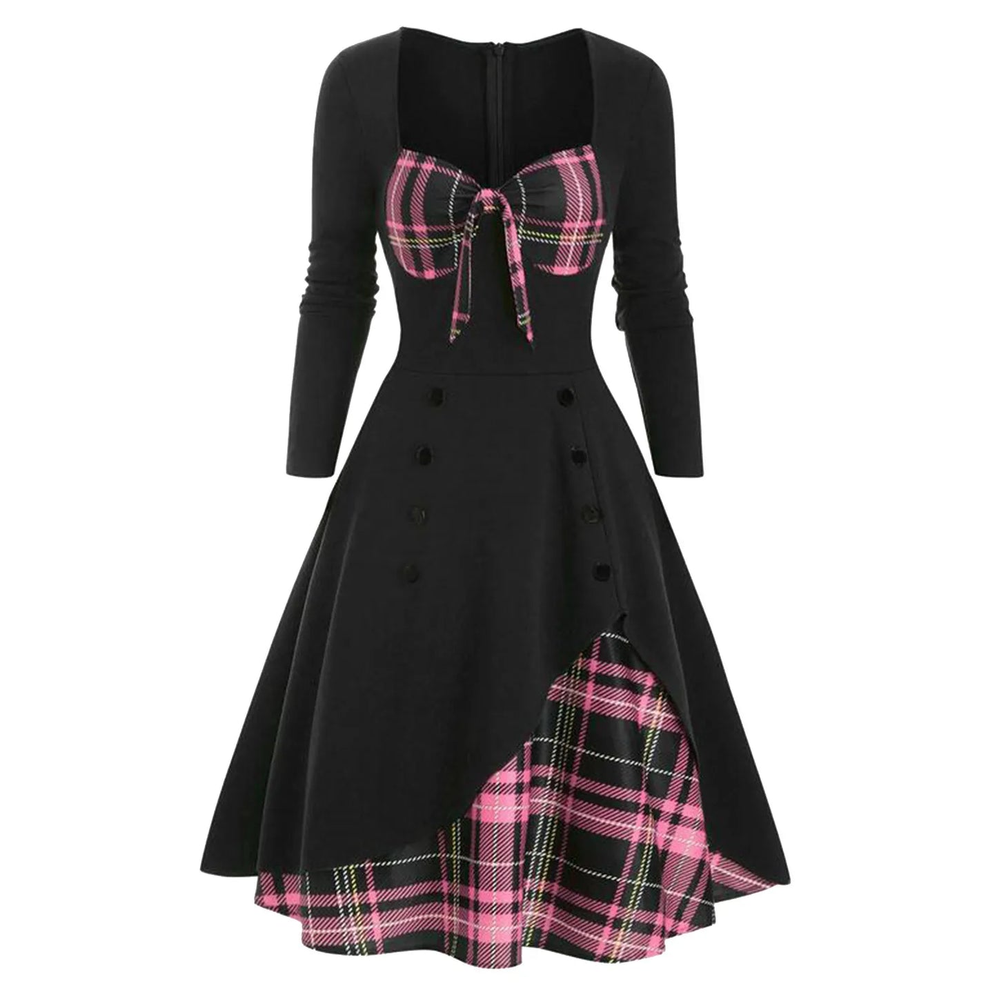 🍒chequered patchwork dress plaid long sleeve a-line midi wrapped Knot Irregular outfit high waist vintage style button down smart casual wear women Check Mate