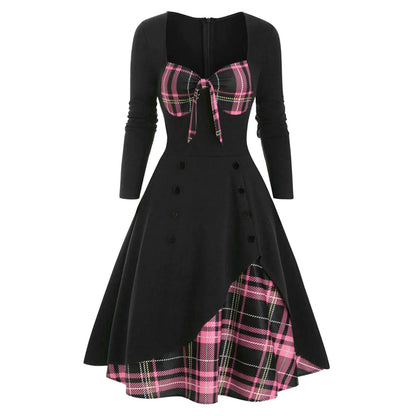 🍒chequered patchwork dress plaid long sleeve a-line midi wrapped Knot Irregular outfit high waist vintage style button down smart casual wear women Check Mate
