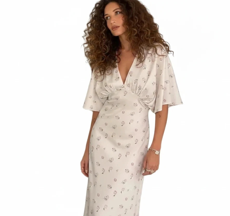 🍒Wit blomme satyn maxi rok vir vroue gemaklik of geleentheid trougas strandvakansie uitrusting blomme gedrukte V-nek rok vroue mode skraal pasmiddellyf kort vlindermou lang somerdrag met kort moue hoë middellyf oulike gemaklike geleentheid