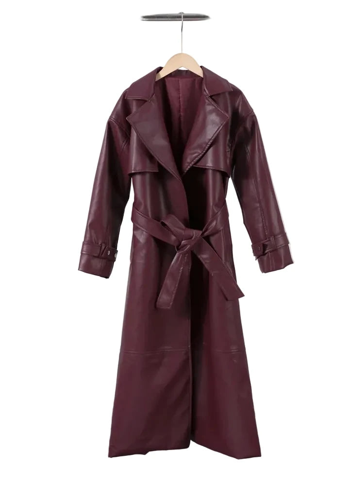 🍒faux leather women coat with lapel long Y2K solid belt and pocket long sleeve pu trench fall winter outwear female Faux Fans Fast Forward