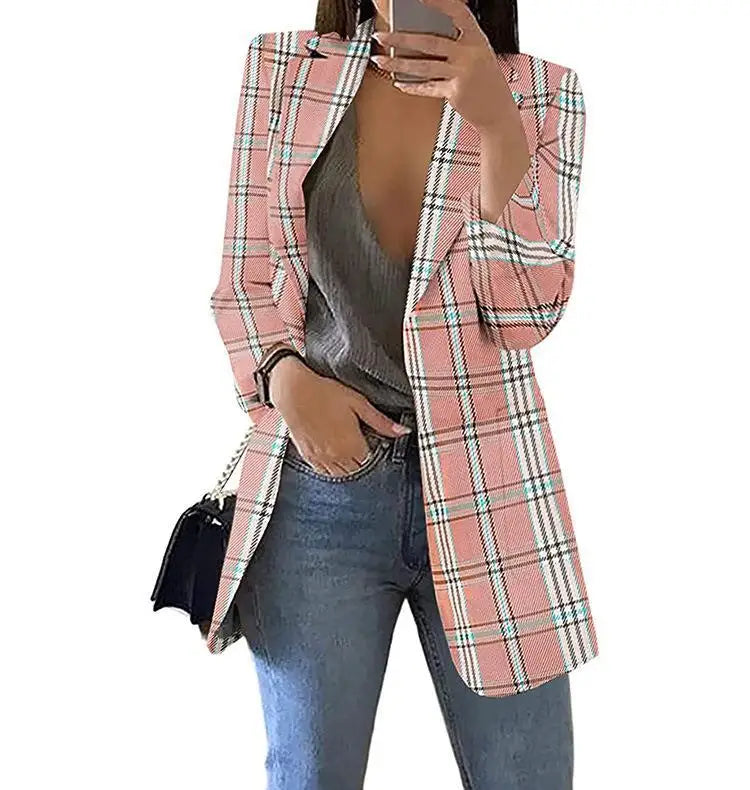 🍒Womans plaid blazer spring autumn long sleeve light coat with lapel plus size jacket office wear Slim female casual clothes Profesh’ Playful Plaids