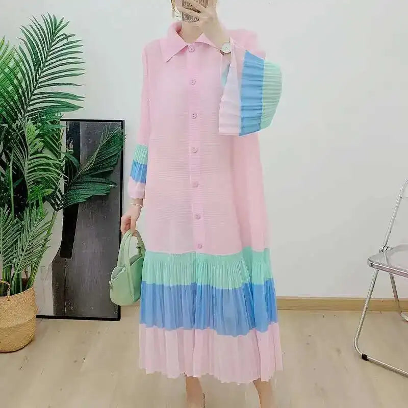 🍒Ruffle pleated midi dress lapel button and flared sleeve women fashion single breasted loose outfit contrast colour