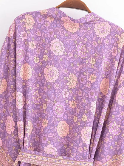🍒Beach coverups wild floral print short light kimono jacket batwing duster bohemian ladies v-neck rayon short bikini swimwear cover over vacation wear holiday clothing casual wear  Colourful Comfort