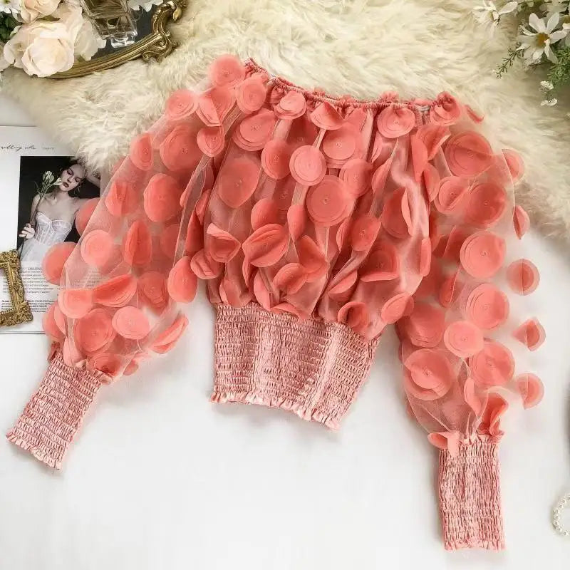 🍒Modern floral tops for women occasion shirred hem t-shirt design mesh patch long sleeve off the shoulder gigot Sleeve  bouse Y2k asthetic Hot Spot