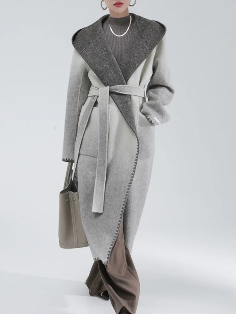 🍒Pienk wolmengseljas met kap en gordel, stylvolle winteroorjas, kleurvolle moderne modejas, slim gemaklike buiteklere, vroue lyk soos lekkergoed in vlokkie-wol