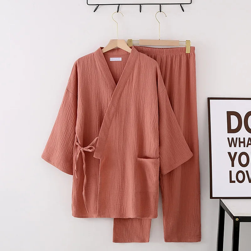 🍒Two piece japanese suit cotton crepe pajamas kimono suit lovers 100% cotton crepe pajamas long jacket and trousers set kimono suit sleepwear casual clothing leisure wear Lounge Leisurely