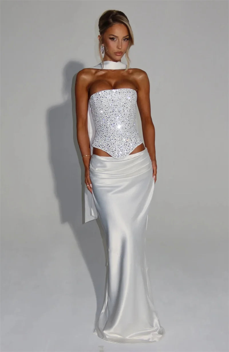🍒Sequins top and skirt set womens shiny scarf collar with sparkly bodice top with lace up back and satin maxi skirt with fish tail elegant occasion wear club party skirt matching set