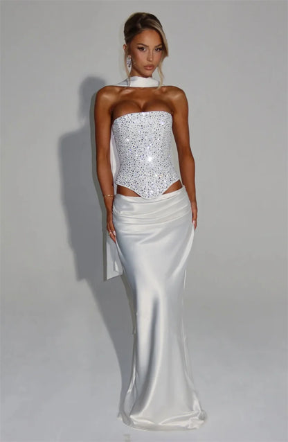 🍒Sequins top and skirt set womens shiny scarf collar with sparkly bodice top with lace up back and satin maxi skirt with fish tail elegant occasion wear club party skirt matching set