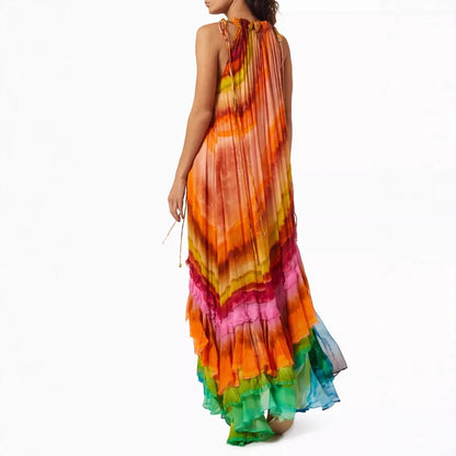 🍒Chiffon neck tie dress womens spring summer outfit printed sleeveless maxi dress colourful print party wear loose dresses for occasions Multiply Multi colour