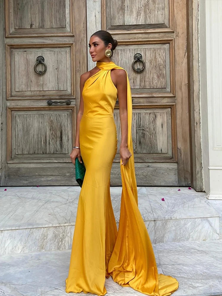 🍒Satin halter neck dress with scarf collar maxi dresses for women sleeveless backless long dress holiday wear evening party outfits Get Ready For A Trail Of Compliments