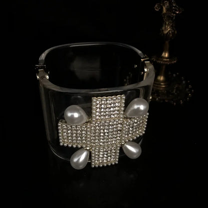 🍒Designer luxury transparent zircon pearl bangles for women retro high-quality cross women's rhinestone bracelet Dont Be Cross If You Miss Out On This Pearl