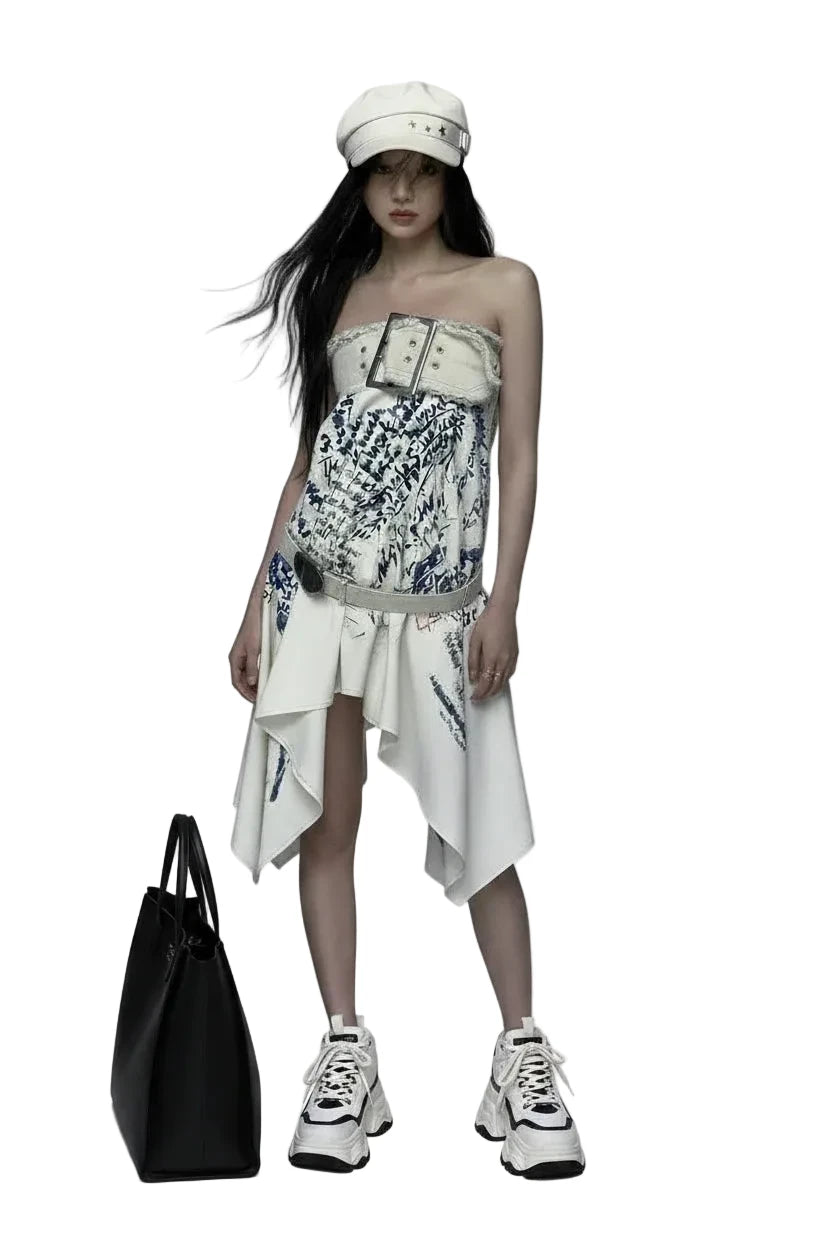 🍒Irregular letter print skirt shark bite skirt high waist long for women's y2k aesthetic vintage fashion streetwear Word On The Street These Are Cool Clothes