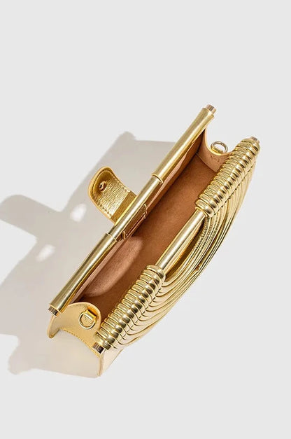 🍒Handwoven style Women's gold crossbody bag clutch handle occasion handbags smart casual strands pu material soft Texture triangle shape shoulder bag Strands Of Style