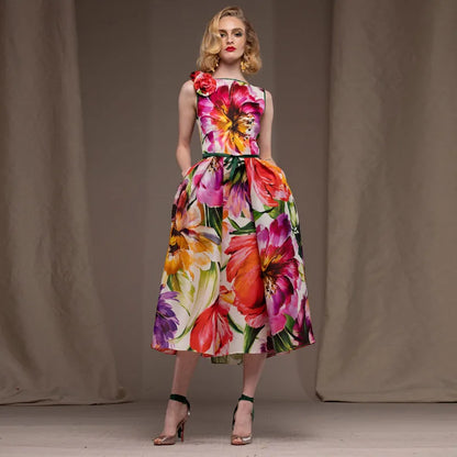 🍒Designer fashion dress floral print clothing vintage a line party wear outfit for women birthday dinner retro runway occasion wear  make ARRANGEMENTs for these FLOWERs