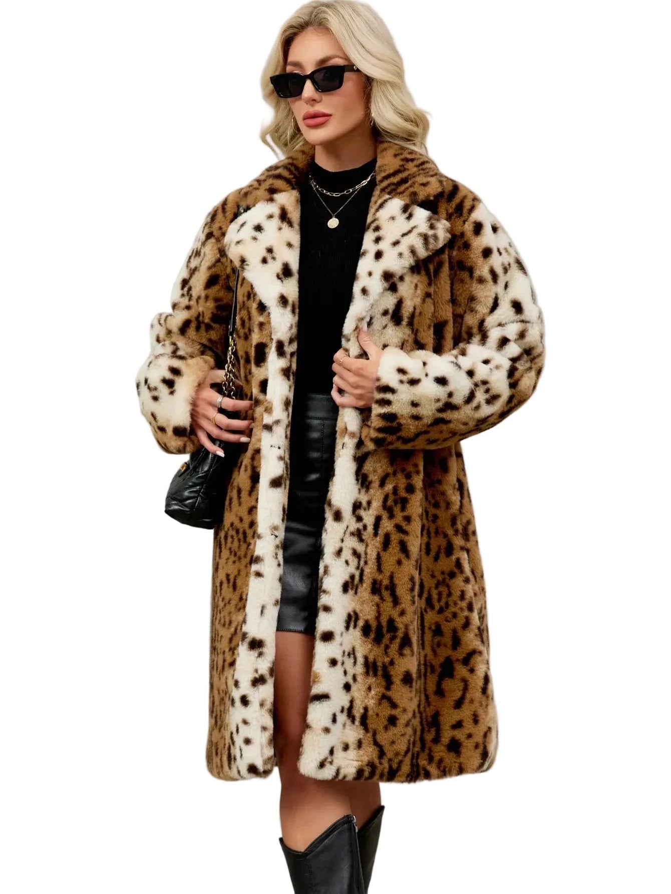 🍒Faux fur coat leopard long Jacket with lapel animal print outerwear fashion long sleeve overcoat women single breasted straight fit smart casual autumn winter wear Animate Your Style