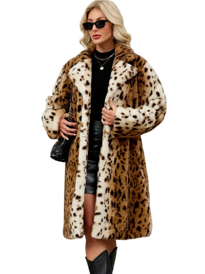 🍒Faux fur coat leopard long Jacket with lapel animal print outerwear fashion long sleeve overcoat women single breasted straight fit smart casual autumn winter wear Animate Your Style