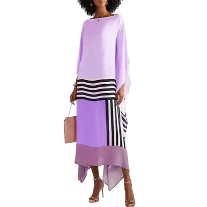 🍒Women's striped maxi dress slash neck Irregular outfit hem shape batwing sleeve summer dress slanted shoulders bohemian style clothing
