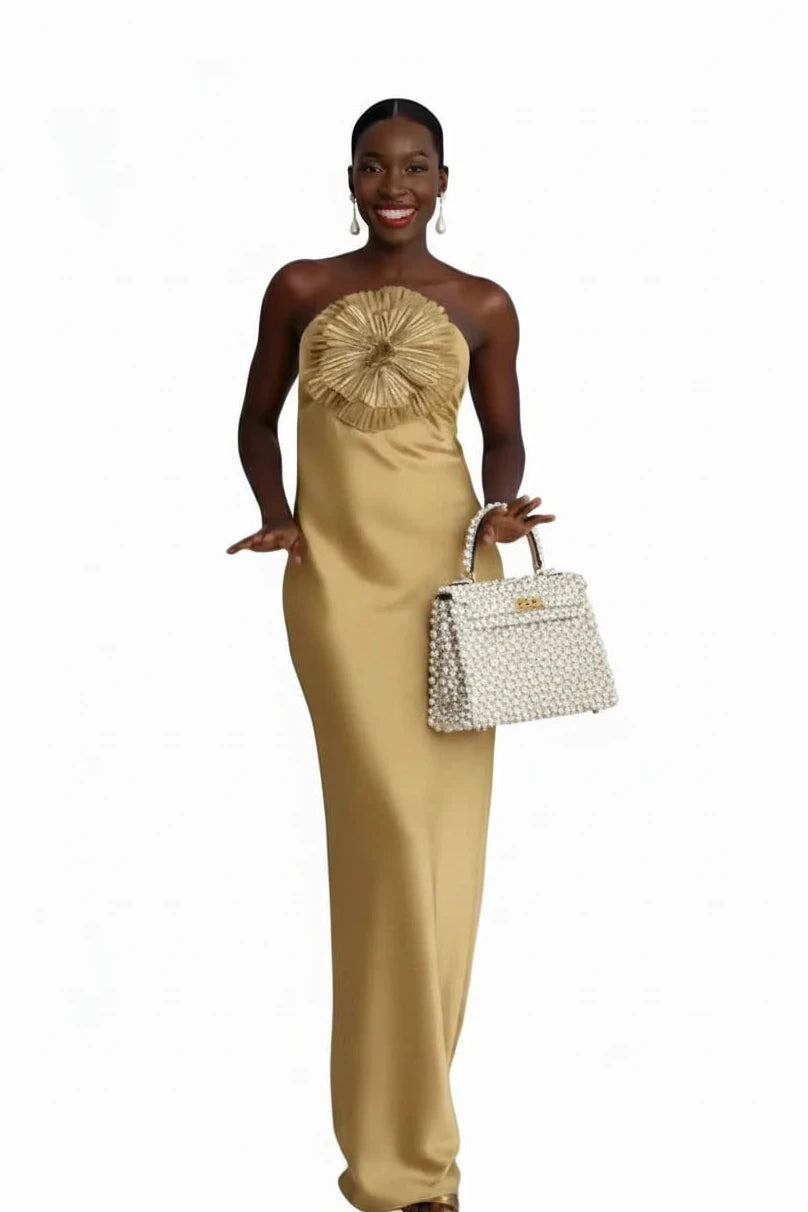 🍒Party dress for women gold outfit for ladies with 3D flower Halter sleeveless backles maxi satin occasion wear evening wear for holiday italian made feminine dresses for summer chic fashion Fem Fleur Fashion