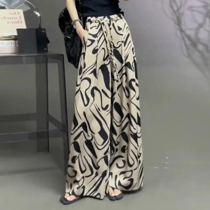 🍒Black and white trousers printed for women loose fitting summer clothes wide leg pants with drawstring smart casual wear