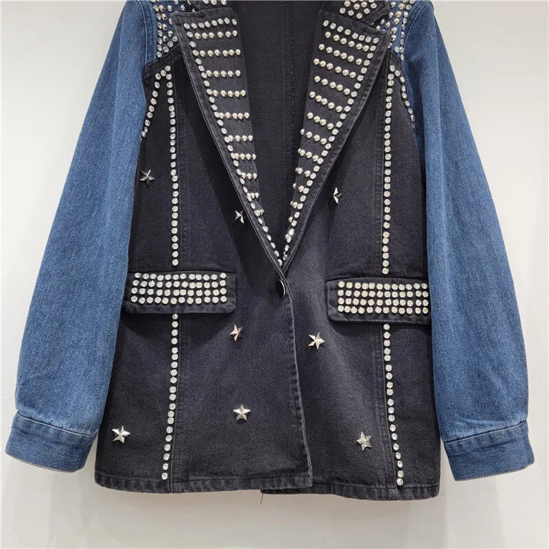 🍒Y2K oesjaar denimbaadjie stylvolle vakmanskap gestikte diamante baadjie enkele knoop gemengde media klere kontraskleur lapwerk denim dra slim gemaklik vroue Denim Ontwerper Diamant Genot