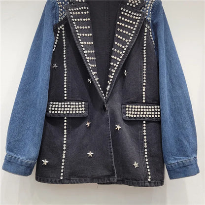 🍒Y2K oesjaar denimbaadjie stylvolle vakmanskap gestikte diamante baadjie enkele knoop gemengde media klere kontraskleur lapwerk denim dra slim gemaklik vroue Denim Ontwerper Diamant Genot