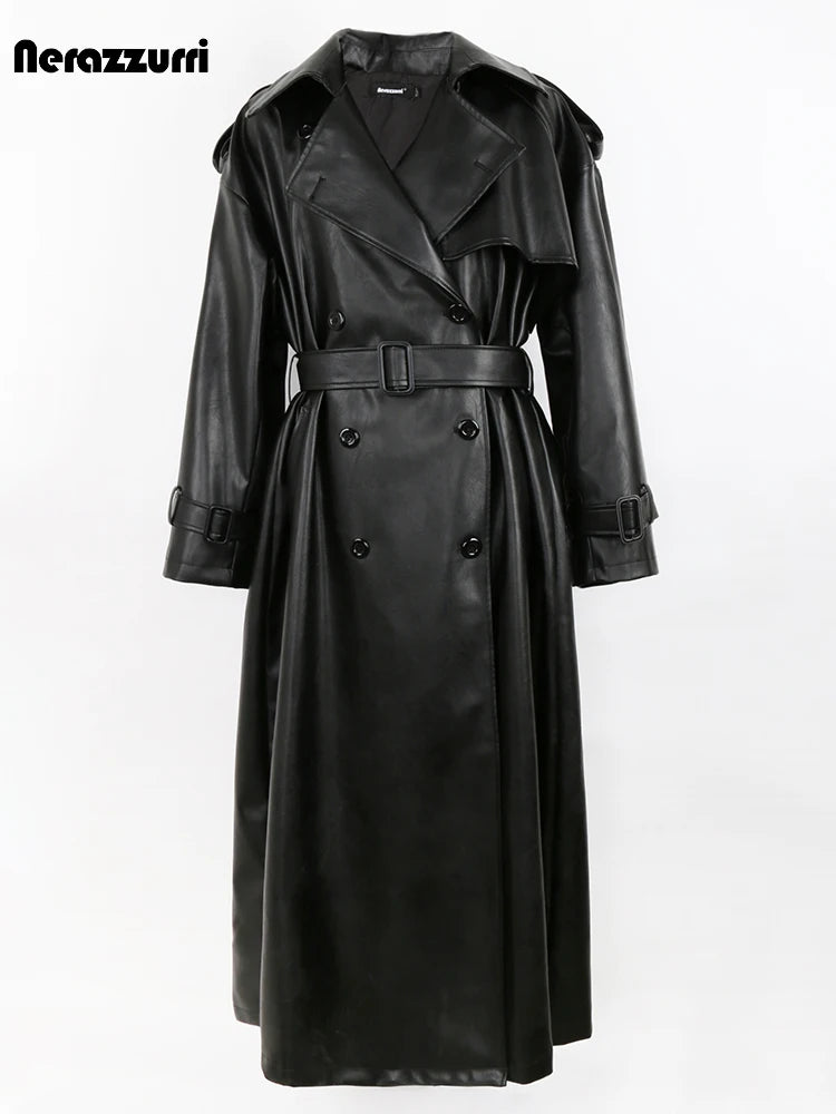 🍒 Lang oorgroot swart trenchcoat-kunsskaapleerbuitelaerdrag vir vroue dubbelbors-oorjas met gordel los slim-gemaklike buiteklere