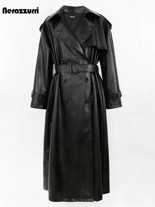 🍒 Long oversized black trench coat faux leather outerwear for women double breasted overcoat belt loose smart casual outdoor wear