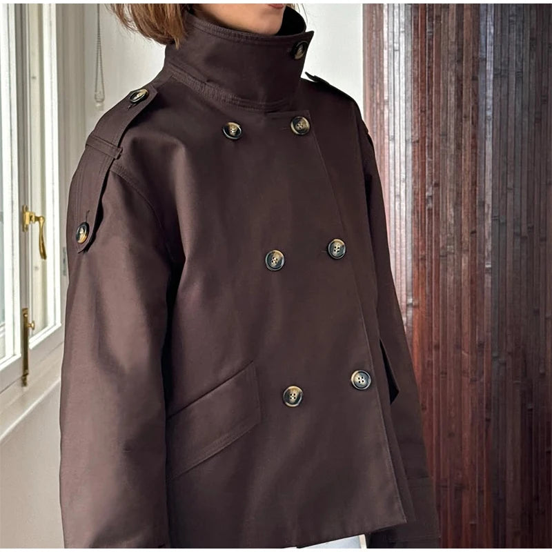🍒Vintage double breasted trench commuter coat women loose long sleeve Jacket spring autumn elegant stand collar outerwear