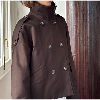 🍒Vintage double breasted trench commuter coat women loose long sleeve Jacket spring autumn elegant stand collar outerwear
