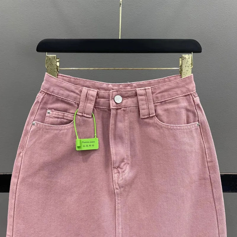 🍒High-waisted denim skirt pink colour a-line fashion skirt with back split midi fashion womens casual clothing denim wear       Pink Shade Of Blue Who Knew