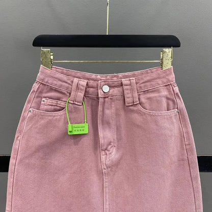 🍒High-waisted denim skirt pink colour a-line fashion skirt with back split midi fashion womens casual clothing denim wear       Pink Shade Of Blue Who Knew